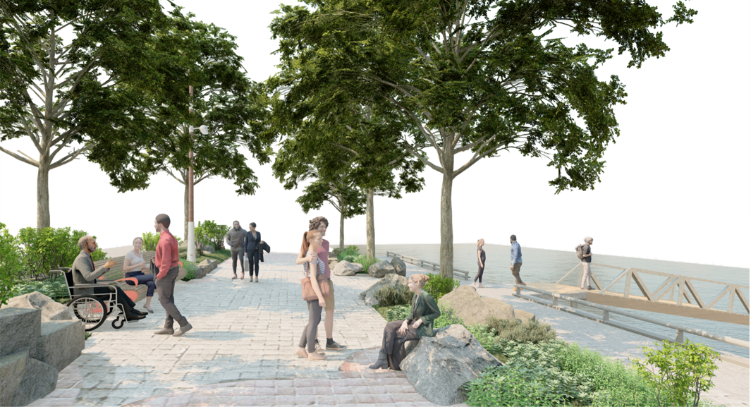 Artist rendering of a landscaped waterfront promenade