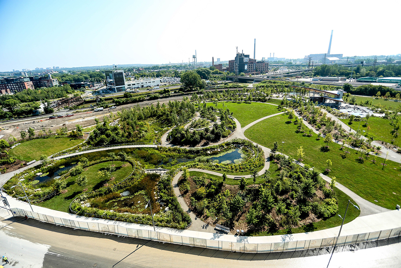 aerial view of corktown common