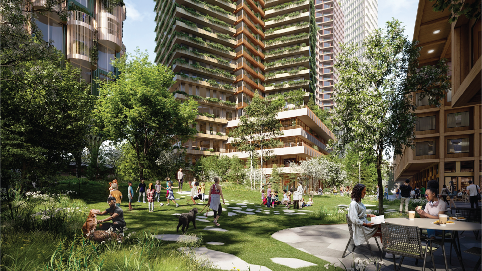 Rendering: people sitting in a park, with apartment buildings in the background. 