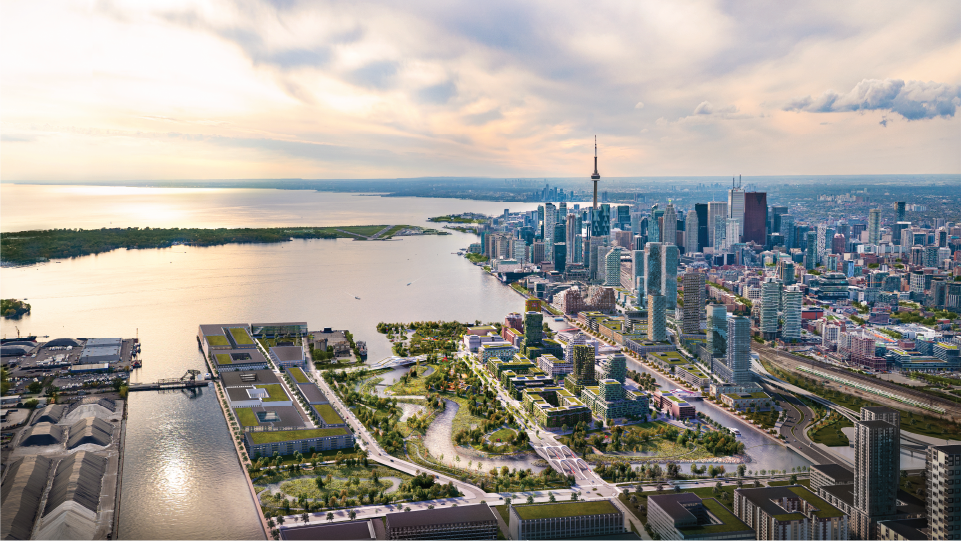 Rendering: aerial of the future Villiers Island with Toronto's downtown skyline in the background.