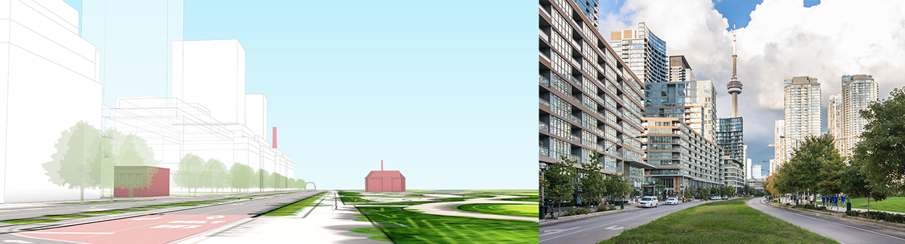 A street view rendering in the Port Lands.
