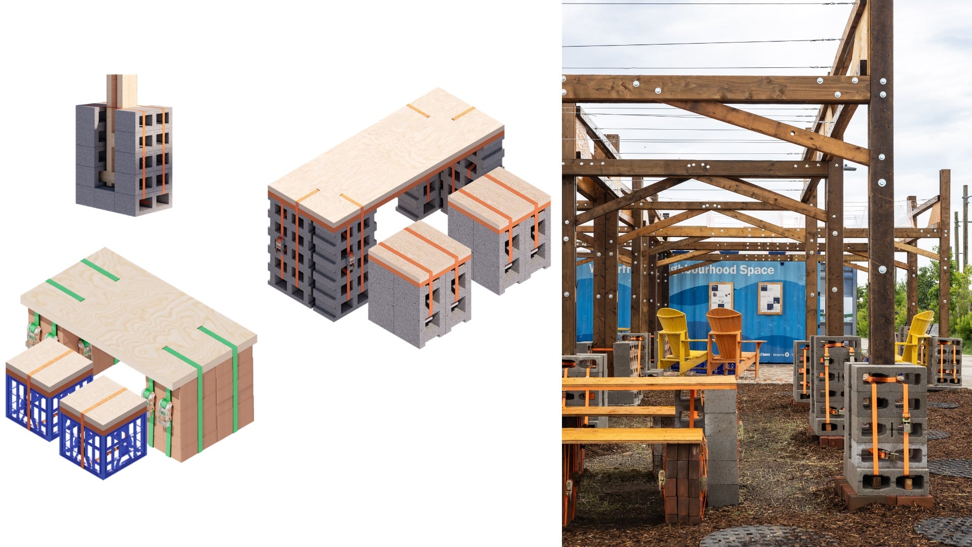Composite image showing both the design and built form of a community pavilion. On the left, three architectural diagrams illustrate modular benches and tables constructed from concrete blocks, wood panels, and securing straps. On the right, the completed timber-framed pavilion is shown with seating, picnic tables, and Adirondack chairs arranged beneath the structure. A blue shipping container labelled “Neighbourhood Space” is visible in the background, demonstrating how the built installation reflects the 