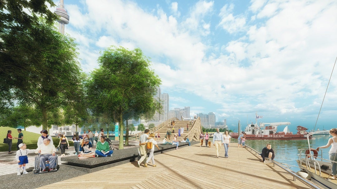 artists rendering of a boardwalk next to the Water's Edge Promenade