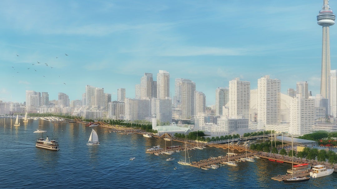 birds-eye view rendering showing a continous waterfront walk