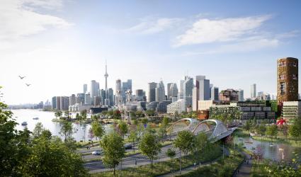 Rendering: aerial of Ookwemin Minising with Toronto's downtown skyline in the background.