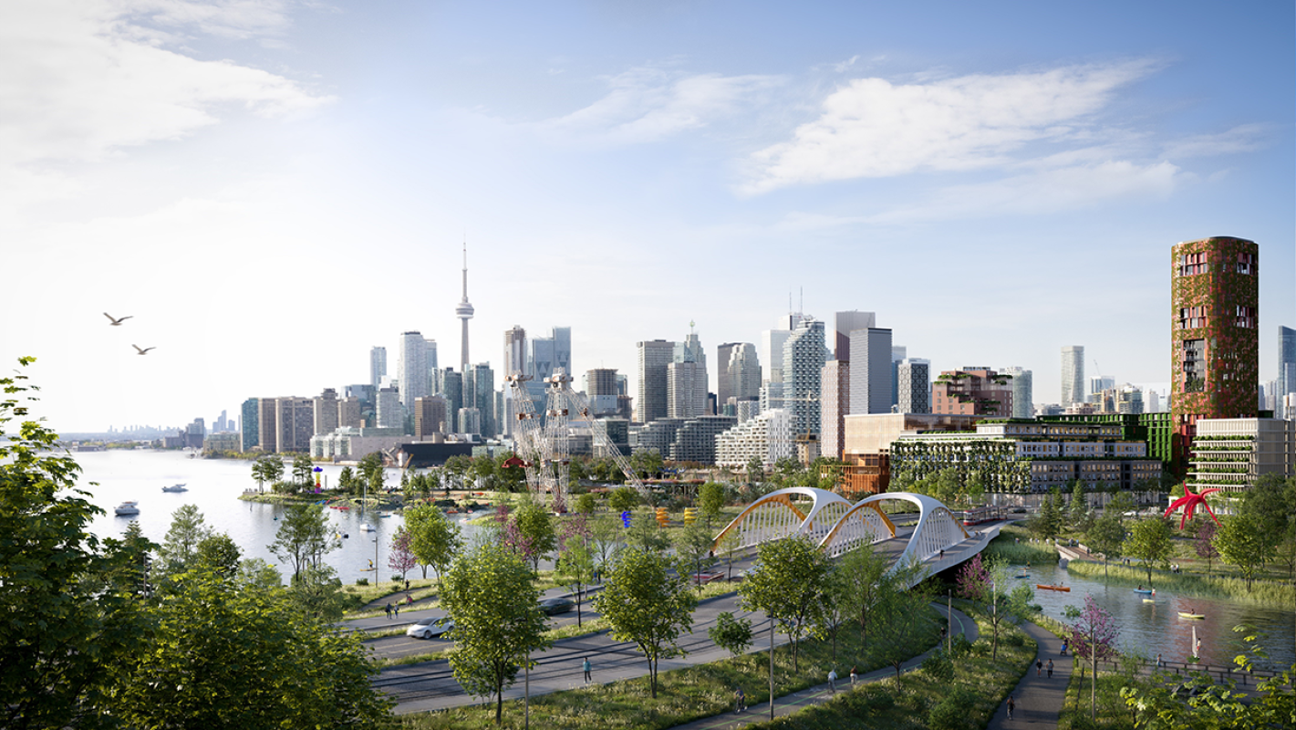 Aerial rendering of a bridge over a river with Villiers Island and the Toronto skyline in the background. 