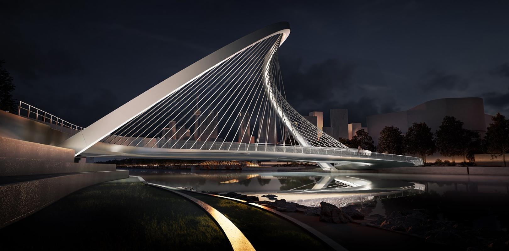 A curvy arched pedestrian bridge shown in a night view rendering.