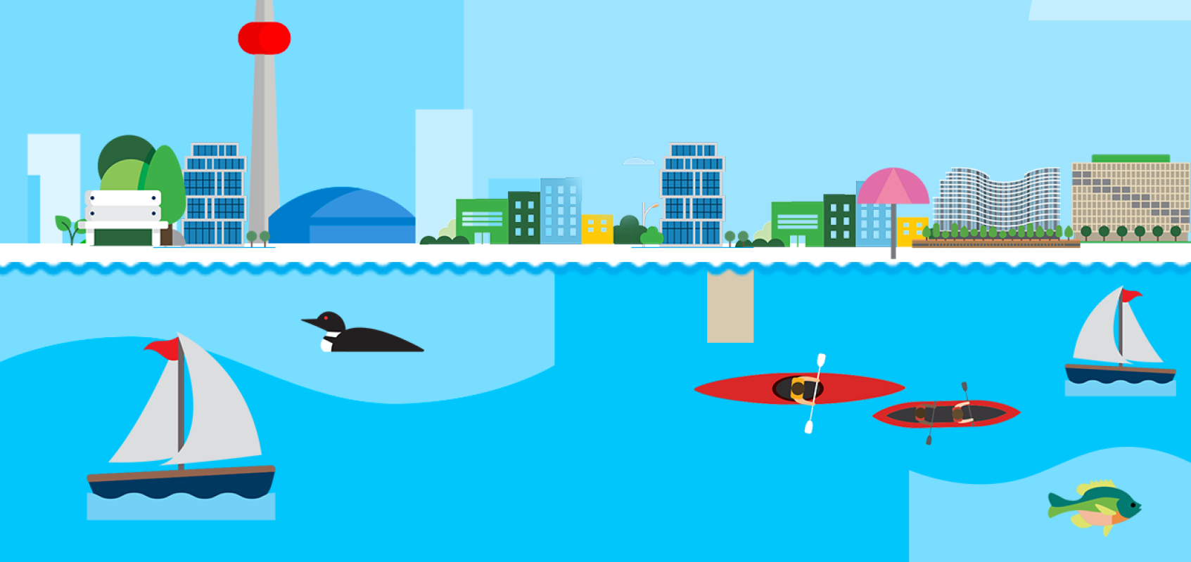 An illustration of Toronto's skyline and Inner Harbour, featuring sailboats, kayaks, a loon, and a fish.