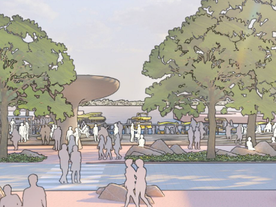 A scenery with trees by the side of a water body flowing horizontally across a street. The place is surrounded by people enjoying the waterfront side. A taxi is parked at the right side of the river. 