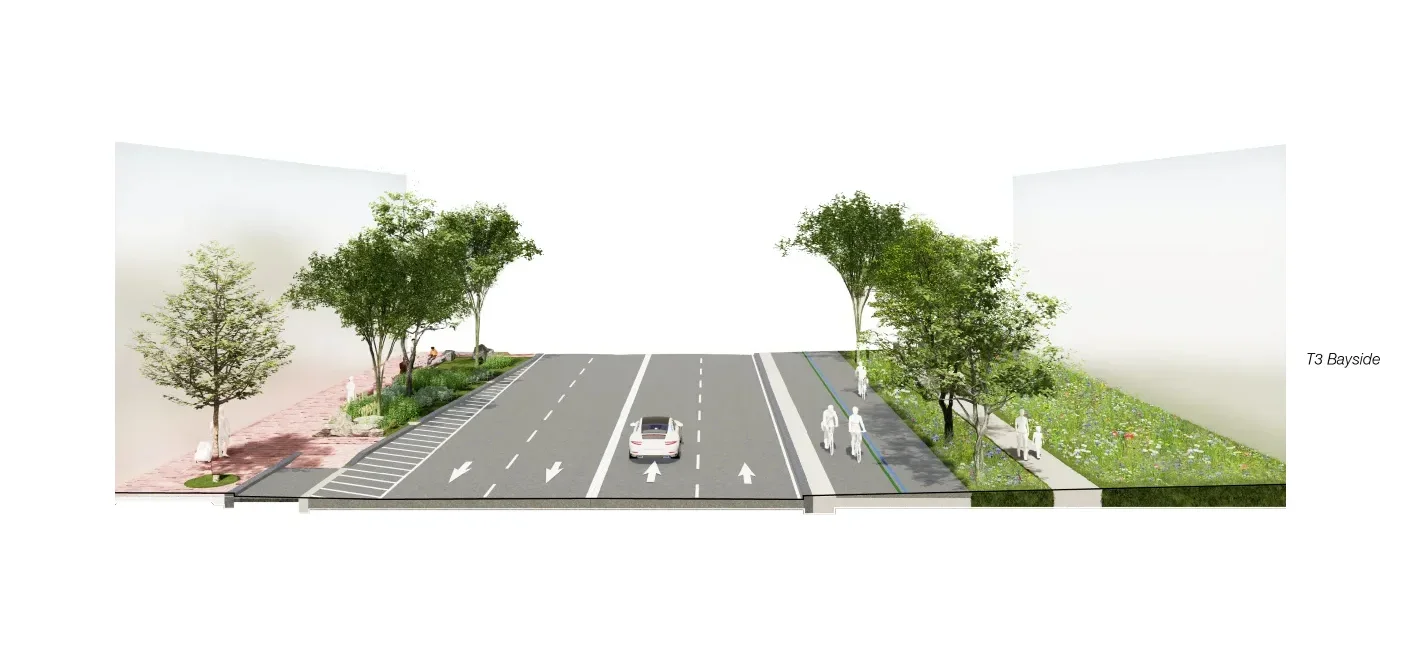 A rendering of Queens Quay East showing future road and public realm improvements. The street includes four vehicle lanes, separated bike lanes that run alongside a treed-lined pedestrian walkway and a grassy meadow.