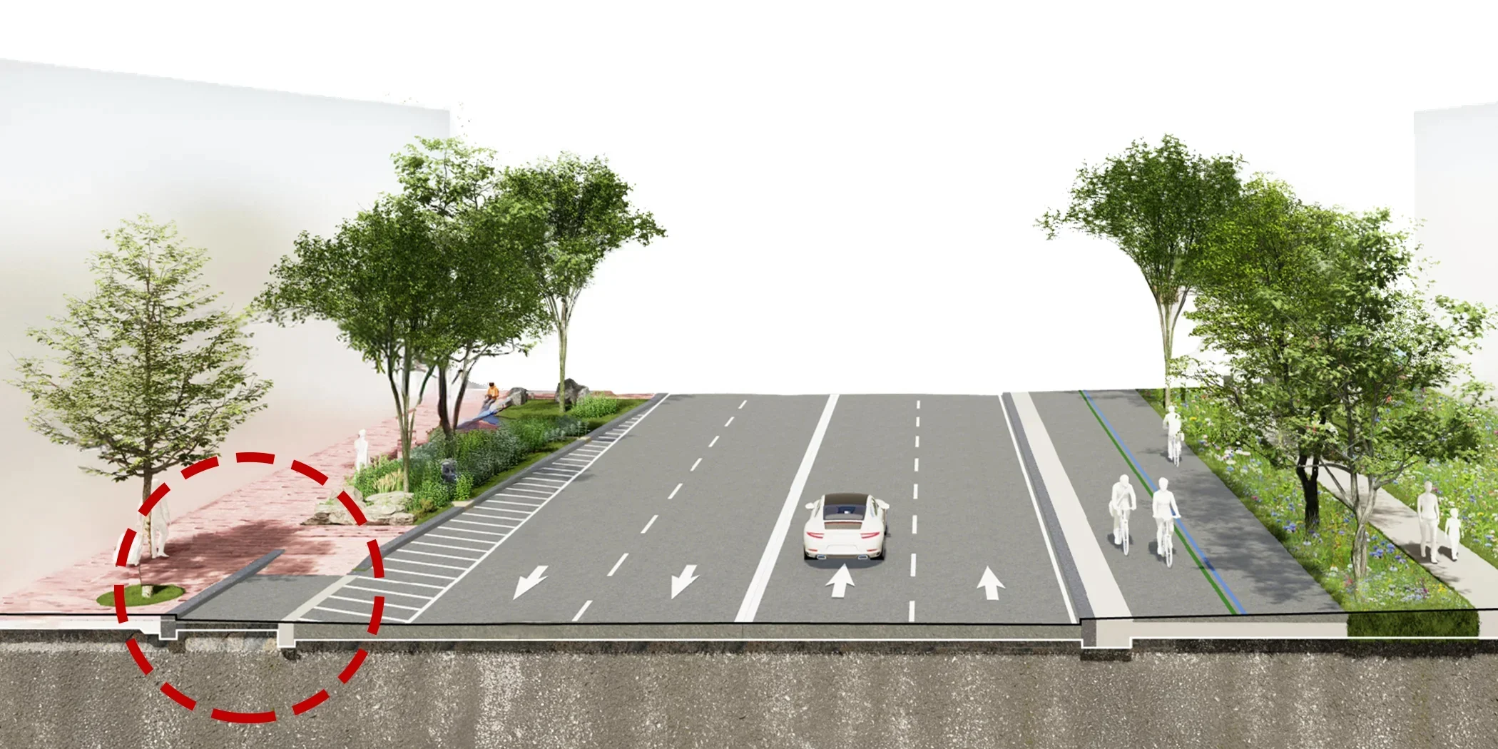 A rendering of Queens Quay East with a red dashed circle highlighting an accessible ramp located at the rear of a layby area. The design shows a curb-free, gently sloped ramp connecting a wide pedestrian promenade. Trees, benches, and landscaping create a welcoming public realm.