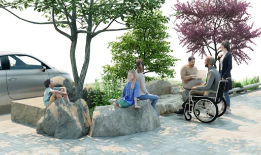 A rendered gathering space featuring large natural boulders arranged as informal seating beneath trees and native plantings. A child, a parent, and a person using a wheelchair are among the people enjoying the space.