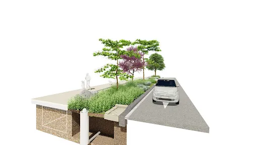 A rendering showing one lane of a two-lane street featuring dense greenery, trees, and flowering plants. A pedestrian walkway runs alongside the planted area.