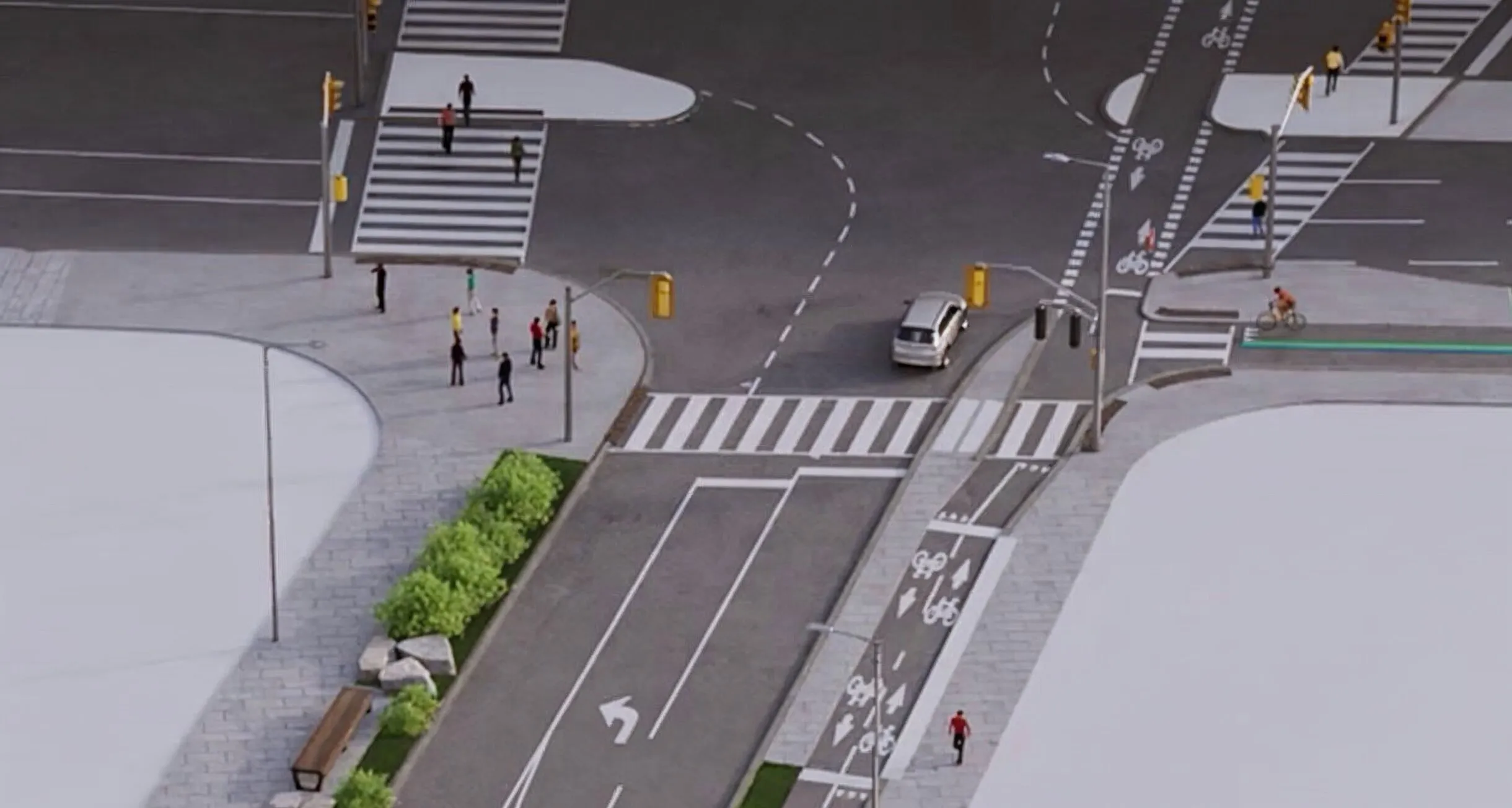 A rendered view of the intersection at Parliament Street and Lake Shore Boulevard East. The wide, multi-lane intersection includes new pavement markings, tactile indicators, crosswalks, and protected bike lanes with dedicated crossings.