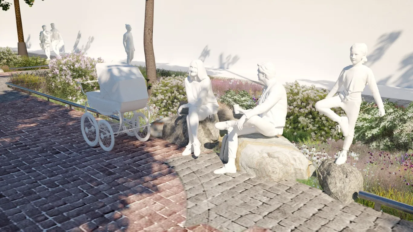 White human figures are placed among large stones in a landscaped public space. Some figures sit or lean on the stones, while others walk or play nearby. A  baby carriage stands near other human figures on a granite path, surrounded by flowering plants and trees.