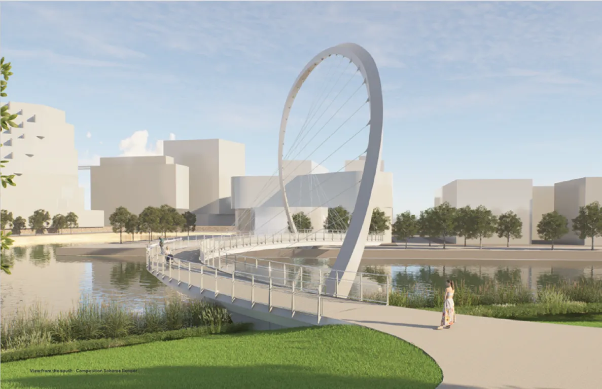 Rendering of the Keating Channel Pedestrian Bridge, a white arched structure spanning a calm waterway with reflections visible below. Trees line both shores, and a rowing team is visible beneath the bridge.