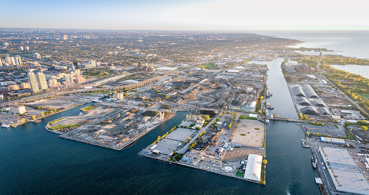 aerial view of port lands looking east