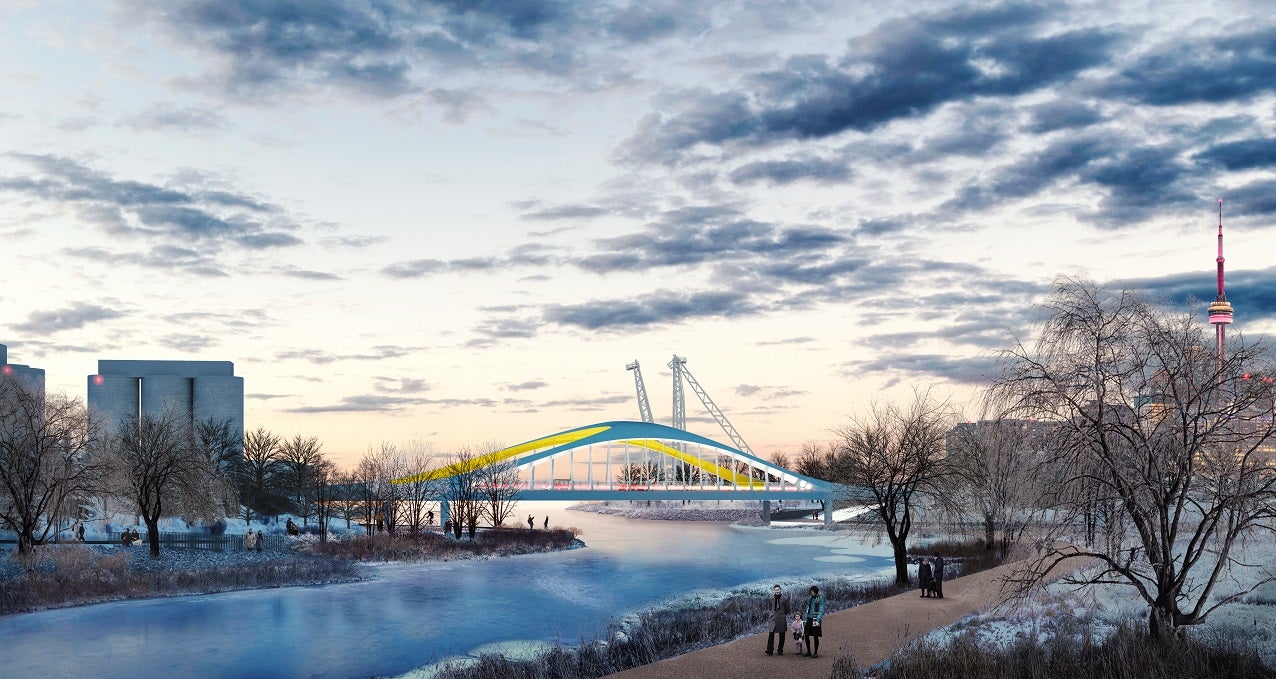 artist rendering of bridge and river in the winter