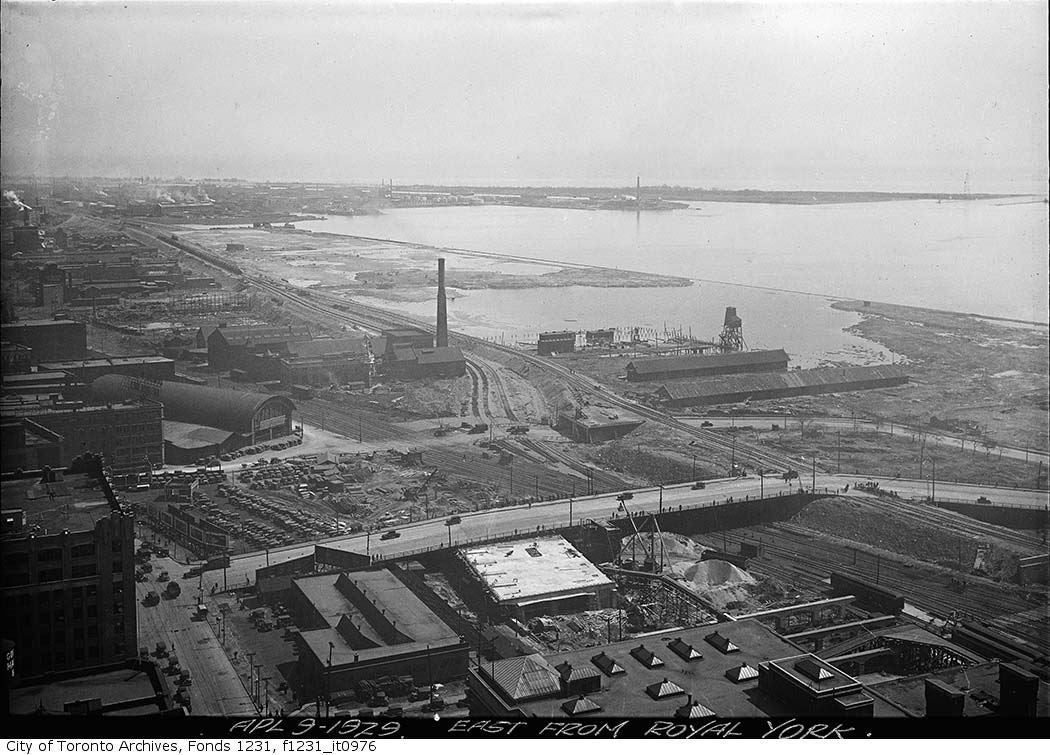 City of Toronto Archives, April 9th 1929 east from Royal York, A black and white archive image of the waterfront