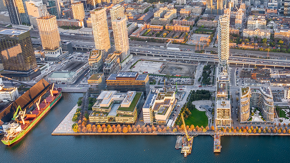 aerial view of east bayfront sugar beach, corus building and george brown college