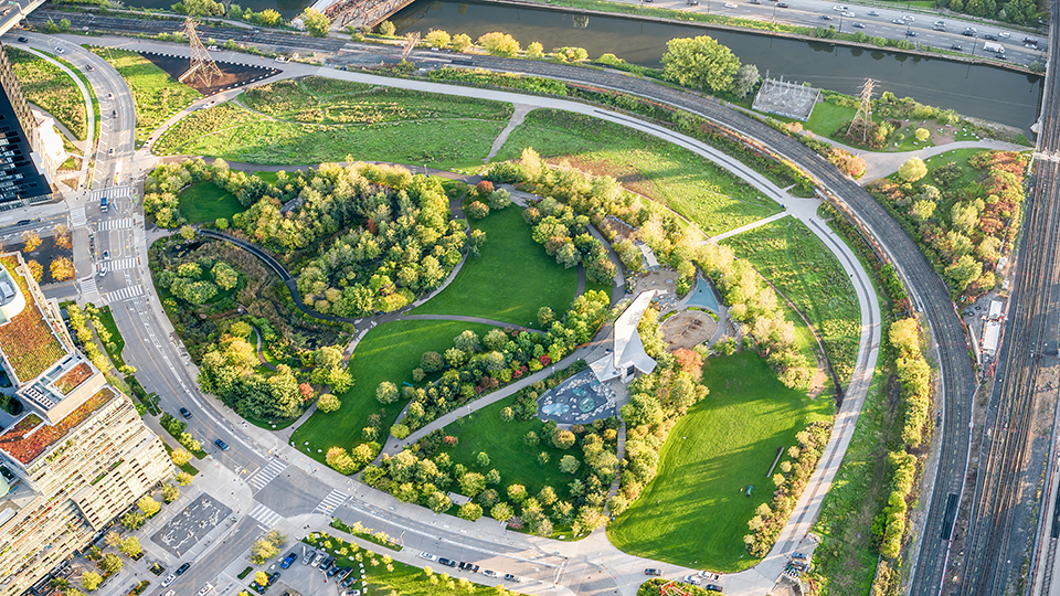 aerial image looking east of corktown common