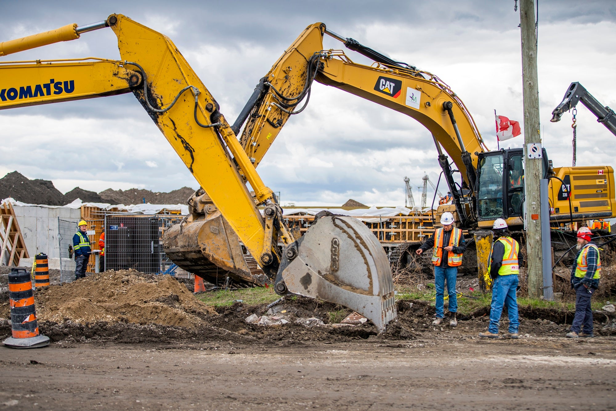 Construction crews and equipment on the Port Lands Flood Protection site