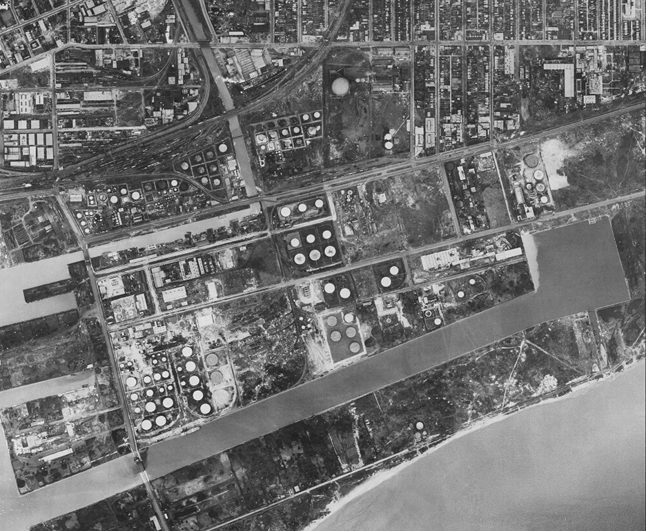 A photo from 1947 showing the oil tanks in the Port Lands.