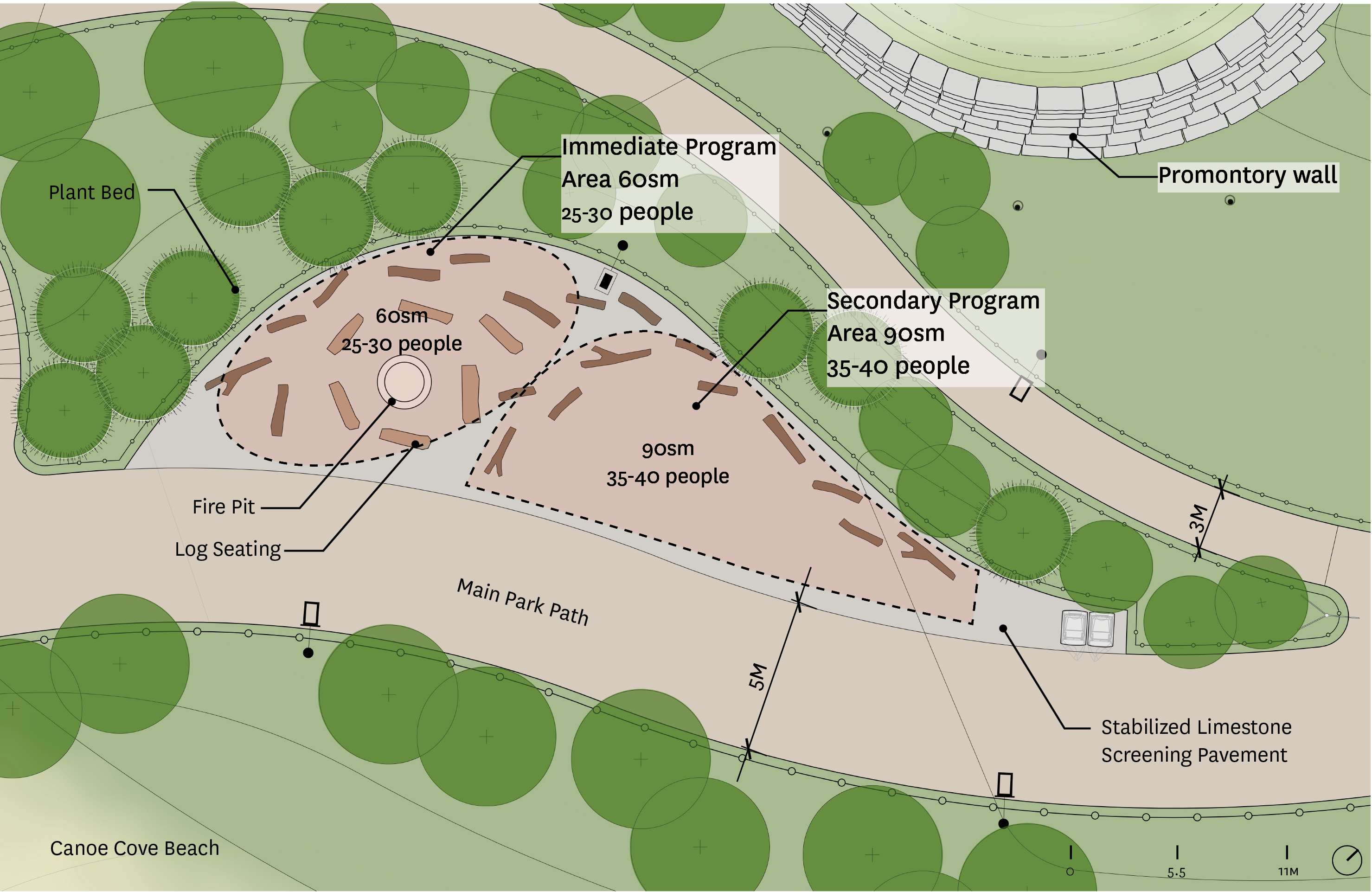 The proposed fire pit area and adjacent programming space