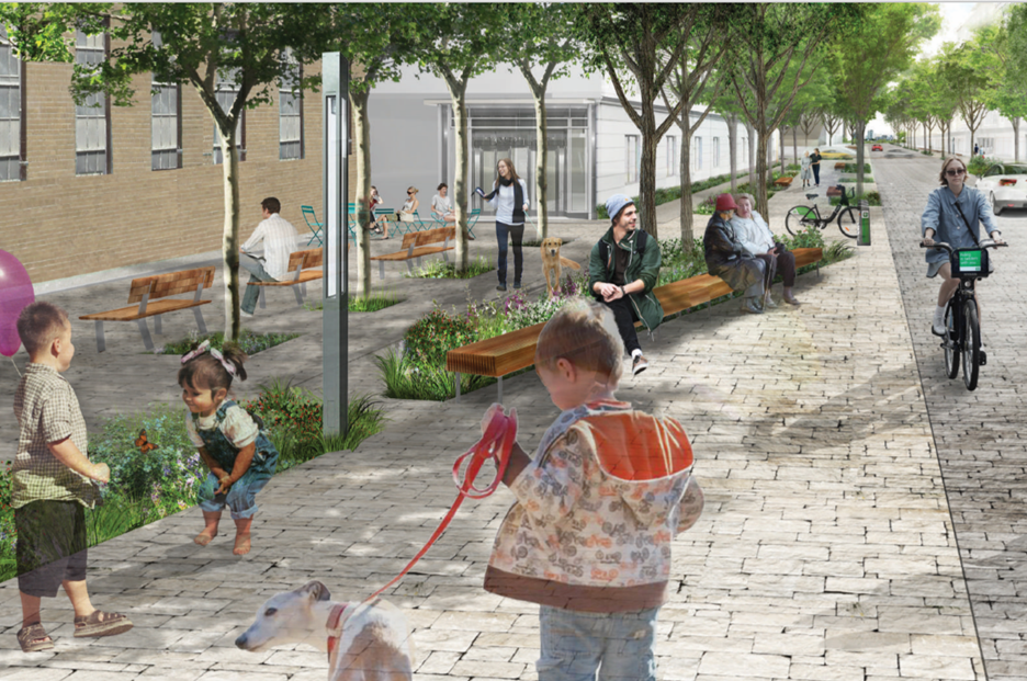 rendering showing a child on the sidewalk and people out enjoying the new public realm