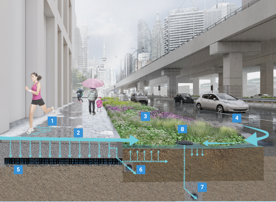 A rendering of the pilot project showing a cross section of the sidewalk and planters. The rendering has numbers that correspond to a description below.