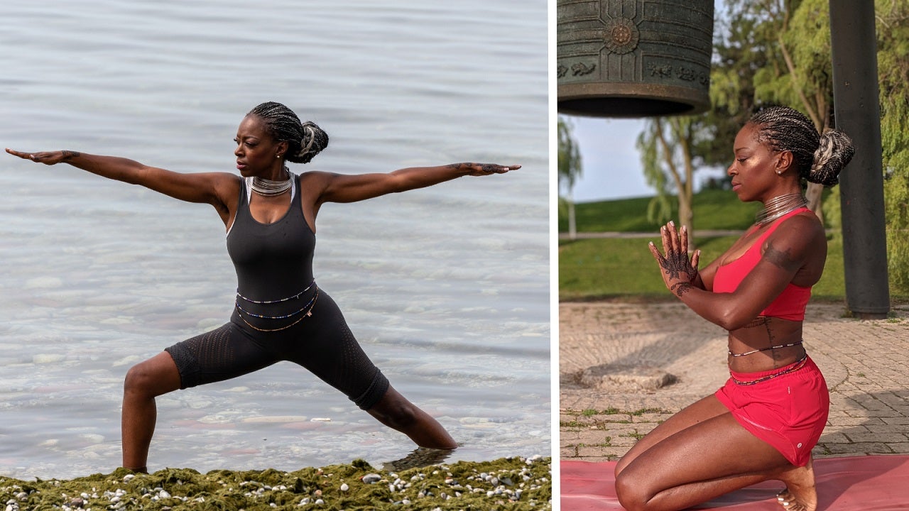 a woman performing yoga next to the water