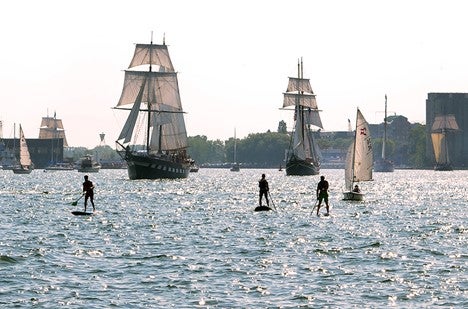 image of stand up paddlers and sail boats in the Inner Harbour of Lake Ontario