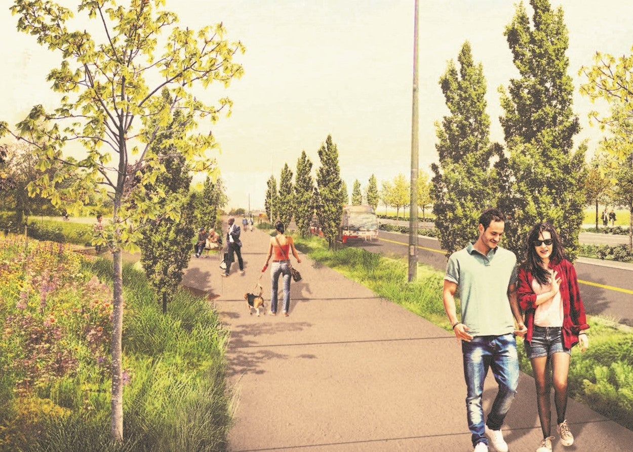 Artist rendering showing people strolling along a landscaped street next to transit.