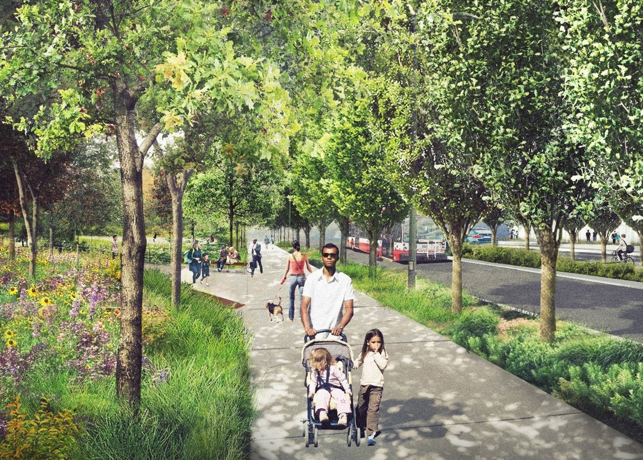 Artist rendering of people out on a mature tree-lined street next to TTC.