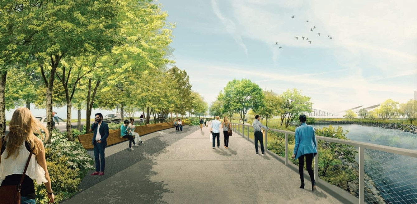 Artist rendering of people strolling and sitting next to the tree-lined river