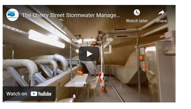 Youtube screenshot showing the pipes and system inside the Stormwater Management Facility