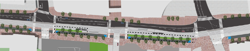 Plan view rendering of the planting pilot along Queens Quay West.