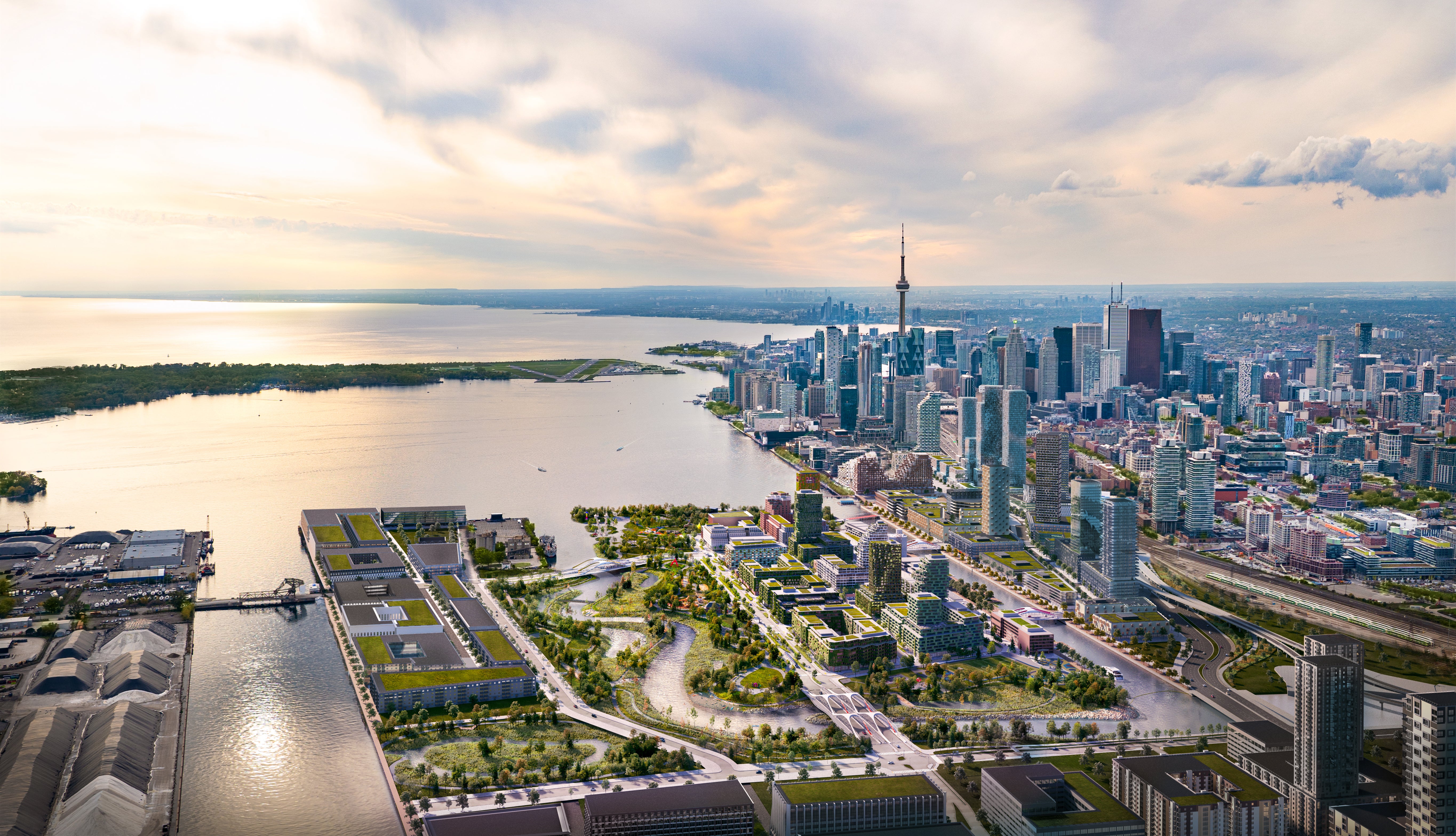 Rendering of a future waterfront art trail with the City of Toronto in the background