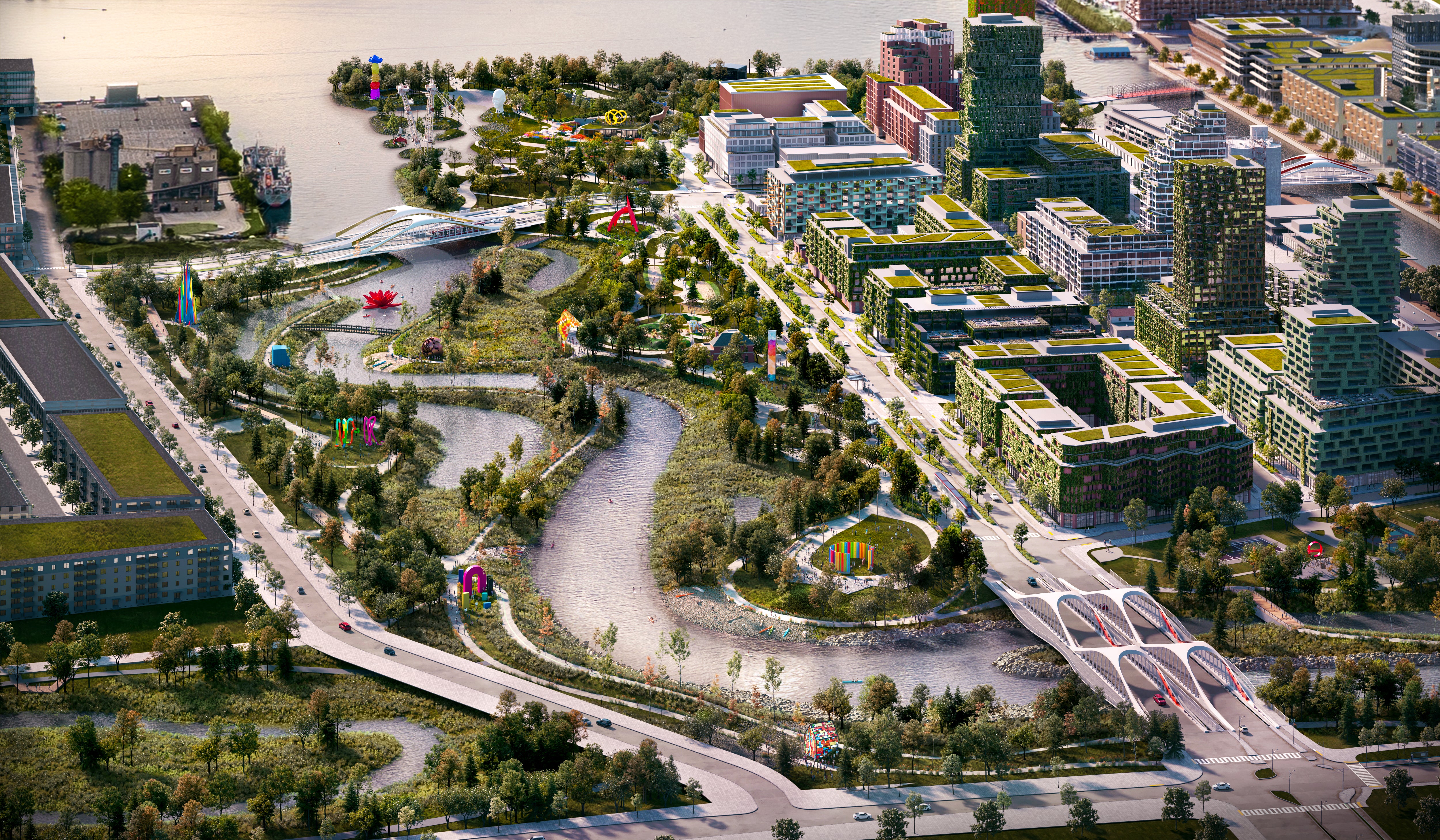 artist rendering that shows an art trail along the waterfront