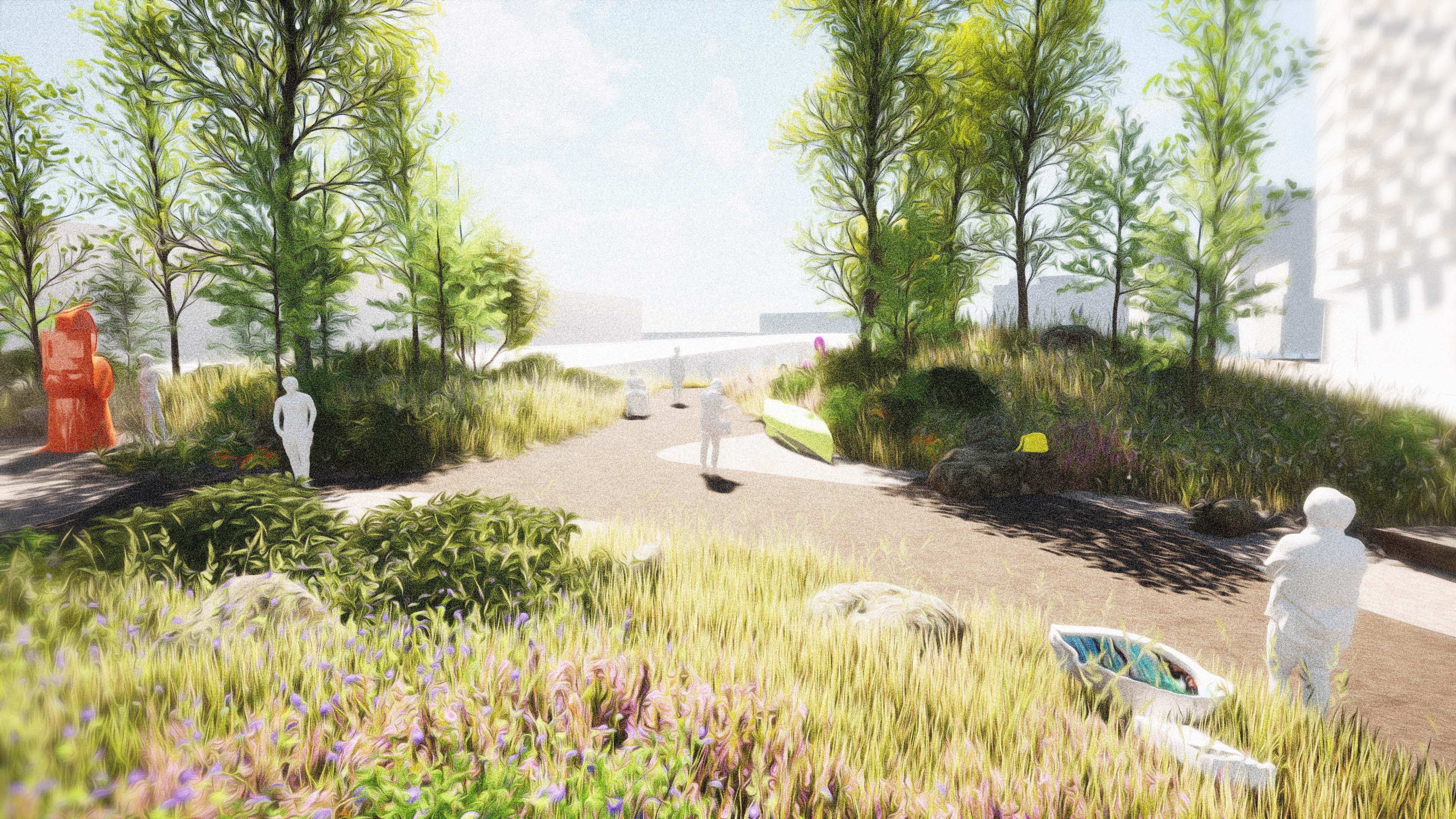 An artist rendering showing future public art in a landscaped park