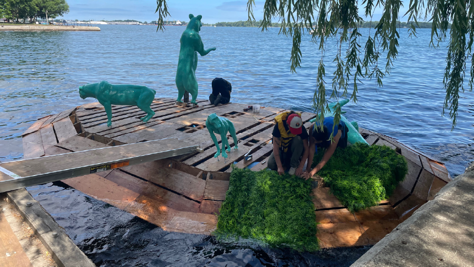 Two people fastening decorative plants to a floating wooden platform. 