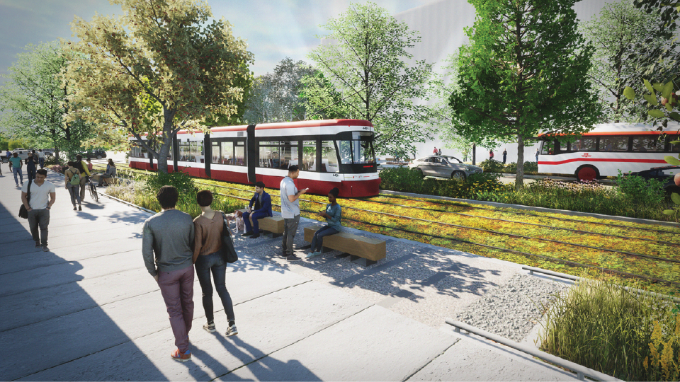 Rendering: people on a sidewalk with a TTC bus and streetcar in the background.