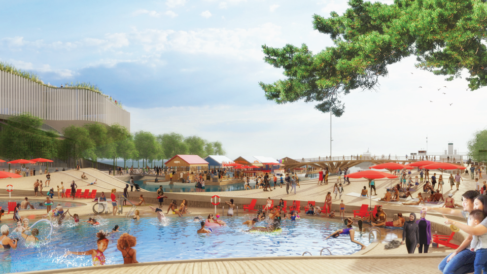 Rendering: people swimming in a pool. Small retail outlets and a community building in the background. 