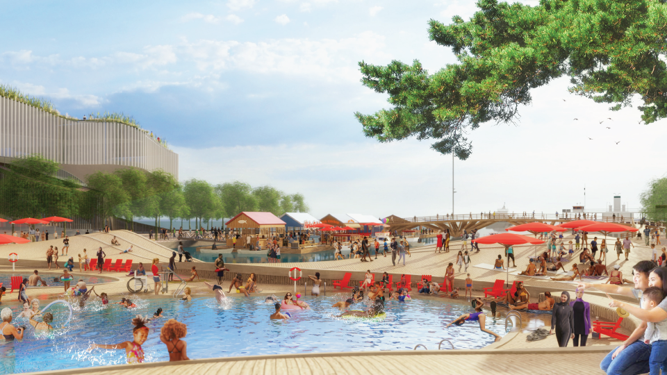Rendering: people swimming in a pool. Small retail outlets and a community building in the background.