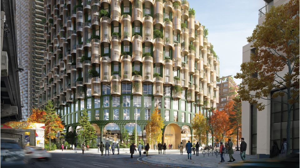 Rendering: a street-level view of a rounded apartment building with pedestrians passing by.