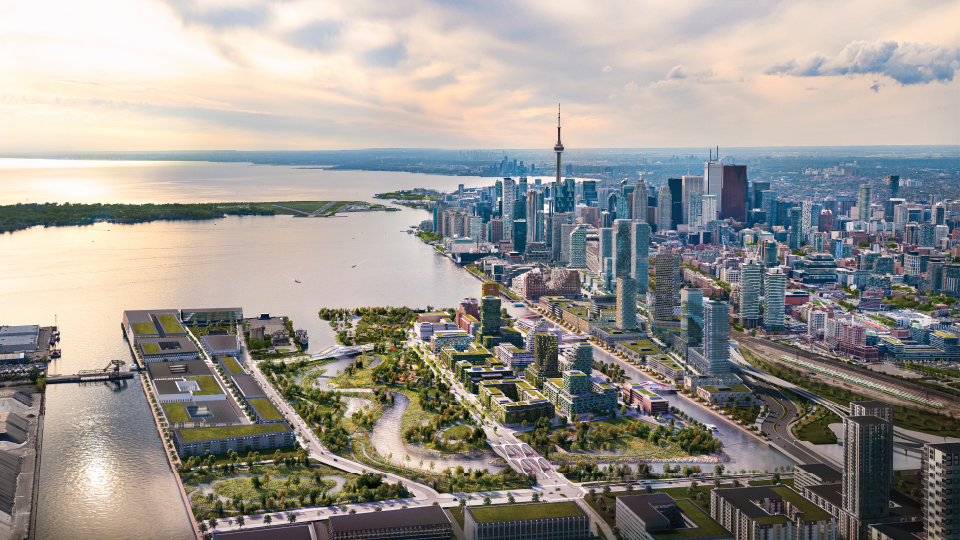 Rendering: aerial of the future Villiers Island with Toronto's downtown skyline in the background.