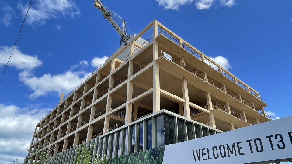 A mass-timber building under construction. Timber frame in foreground and blue sky in background.