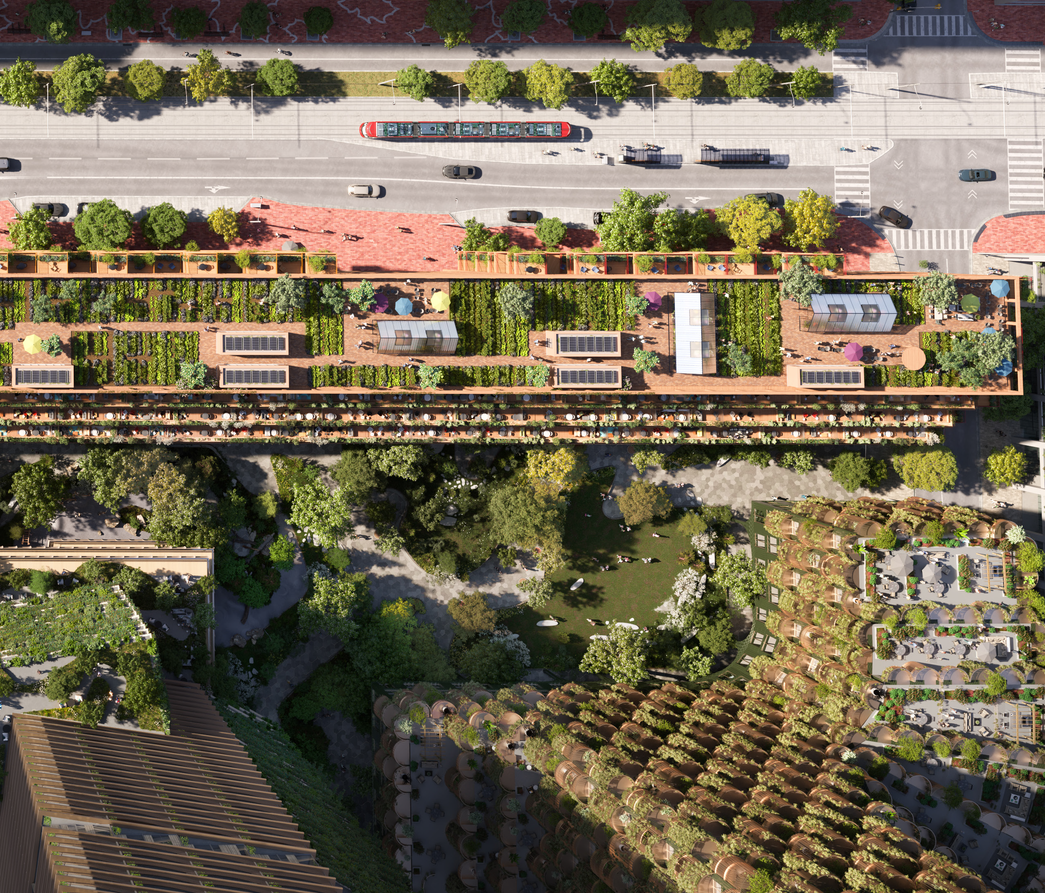 Rendering from above showing the proposed rooftop garden in Quayside.