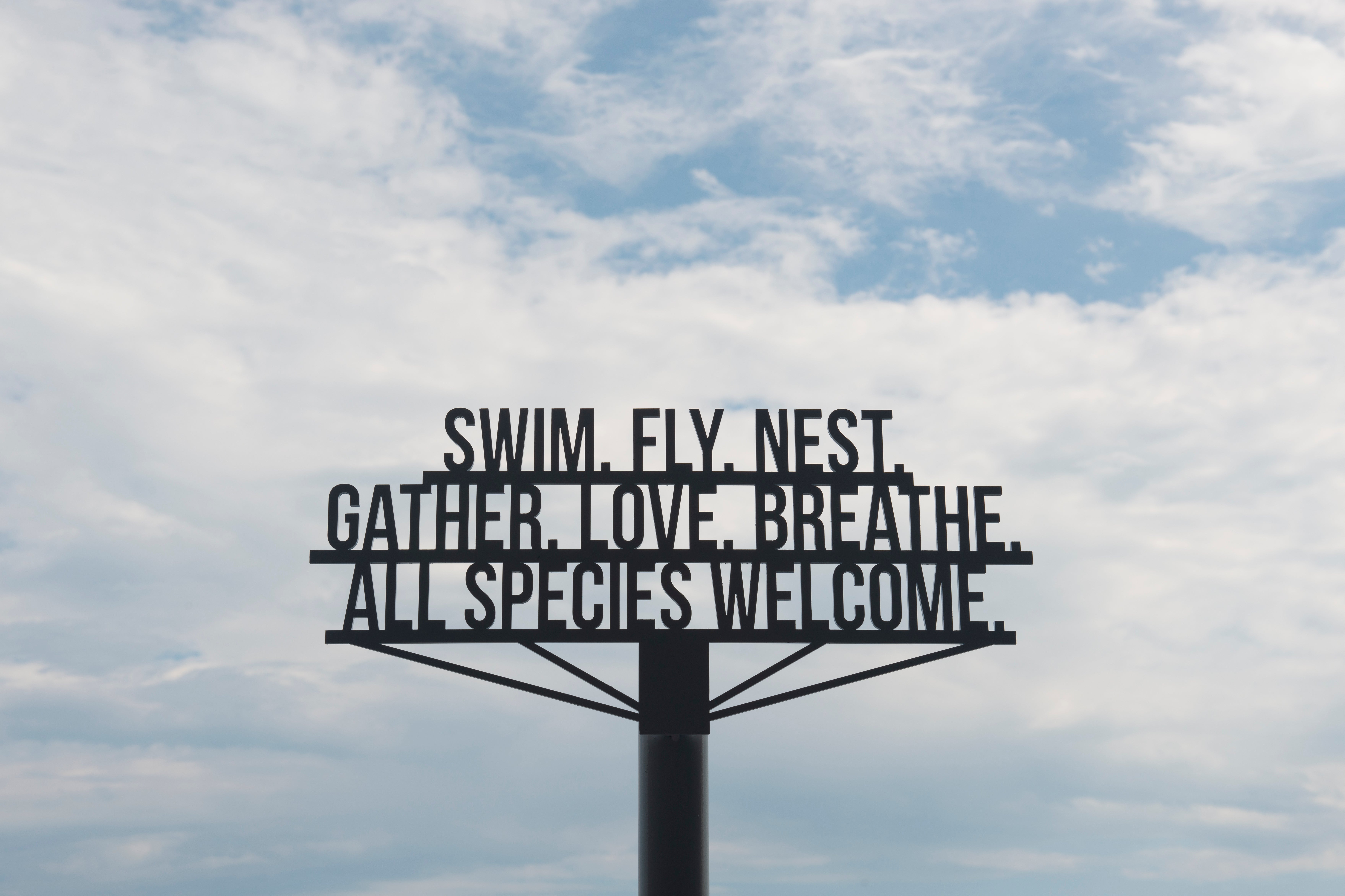 A sign that says Swim. Fly. Nest. Gather. Love. Breathe. All species welcome. Framed by a cloudy sky.