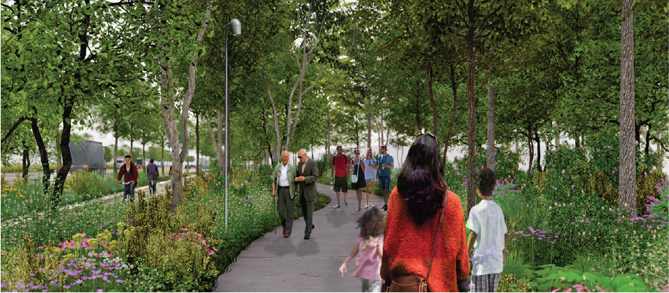 Rendering: people walking on a paved pathway between trees.